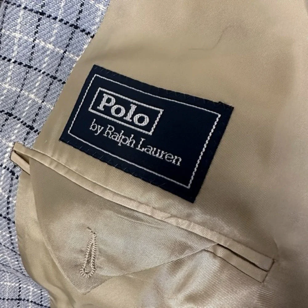 VTG Polo Ralph Lauren‎ Blazer Blue Checkered Sport Coat Size 44R Flax Casual